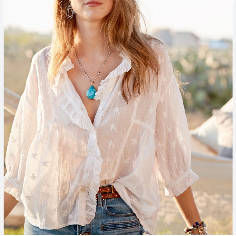 NWT Sundance white‎ Ruffled 3/4 Sleeve Blouse petite medium